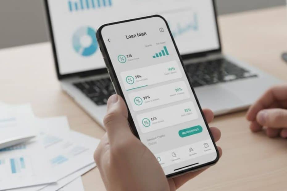 Foto realista mostrando um usuário comparando ofertas de empréstimo online em um aplicativo de smartphone, com gráficos, ícones de taxa de juros e simulação de crédito, estilo fintech. notebook e documentos desfocados ao fundo. ambiente digital limpo, minimalista, seguro e focado em tecnologia bancária. alta resolução e iluminação natural.